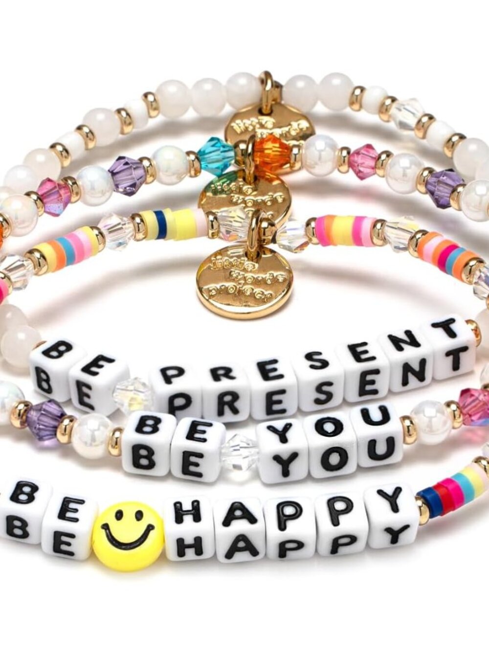 Handcrafted Be Happy Bracelet Set: 3 Colorful Stacked Pieces for Empowerment